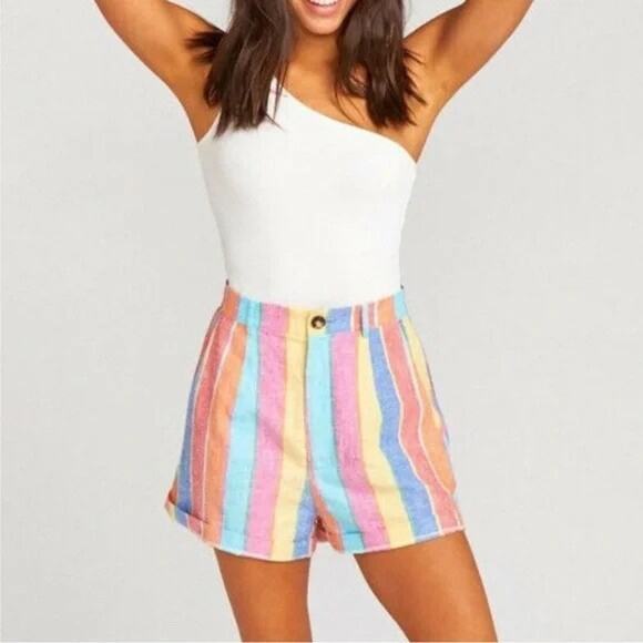 Show Me Your Mumu Linen Shorts Size S Rainbow Stripe High Waisted Summer Pride - Picture 1 of 5